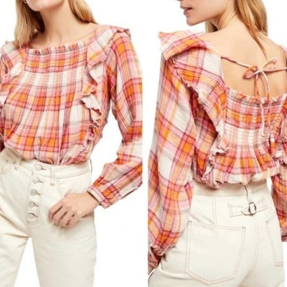 We the Free Siena Ruffle Plaid Boho Smocked Long Sleeve Cotton Top.